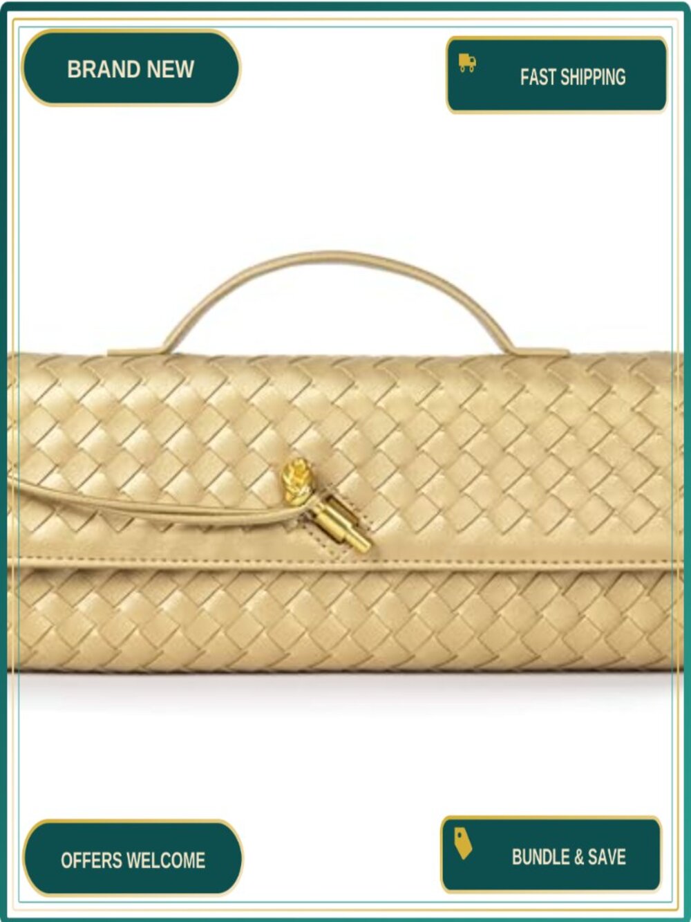 Woven Vegan Leather Evening Clutch Crossbody Bag with Adjustable Strap
